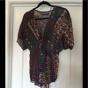 Boohoo burgundy floral peasant top